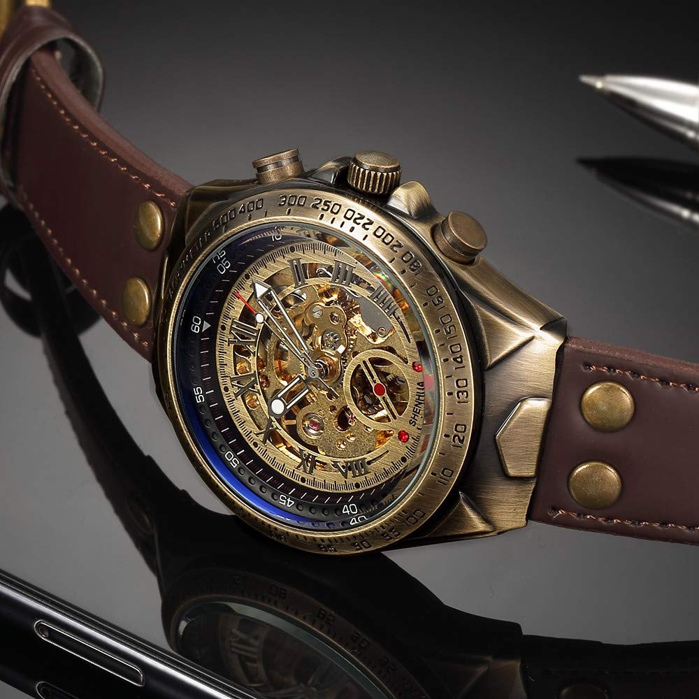 Luxury Automatic Mechanical Men’s Leather Belt Fashion Bronze Steel Waterproo…