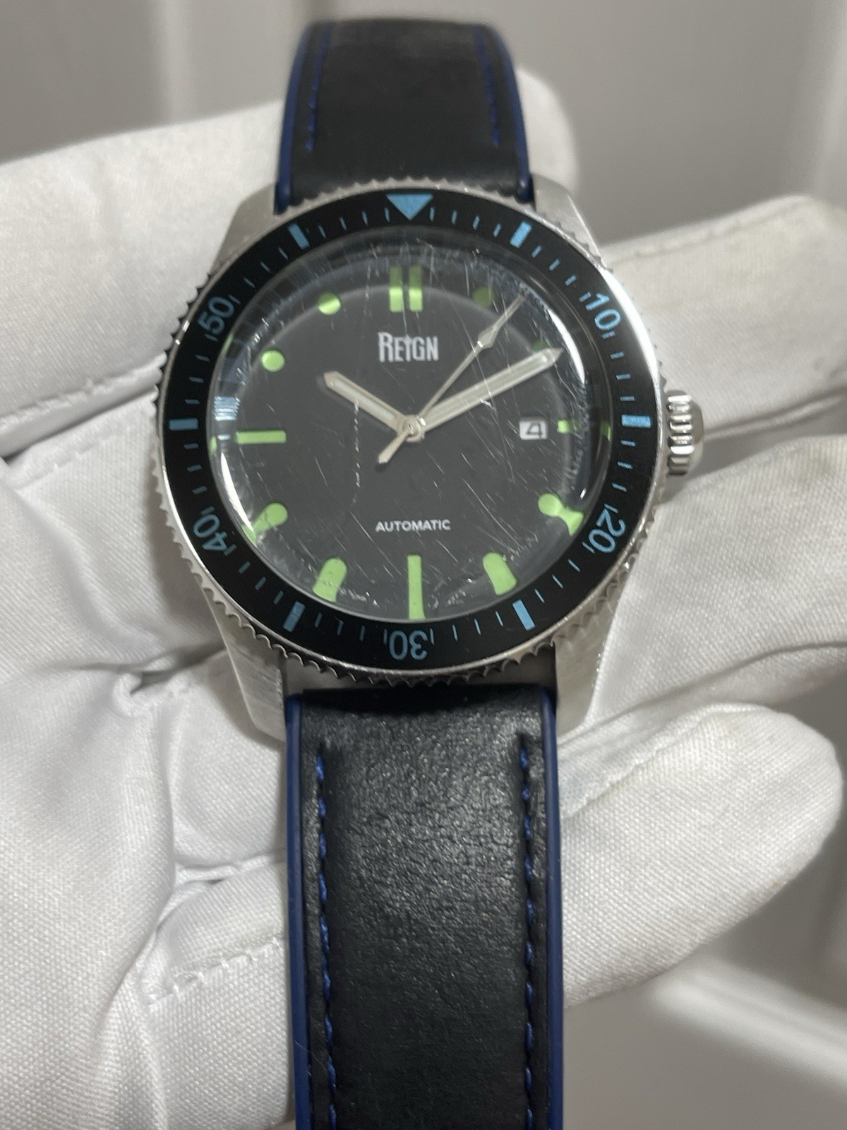 Reign Elijah Automatic Rubber Inlaid Leather-Band Watch W/Date – Black/Blue