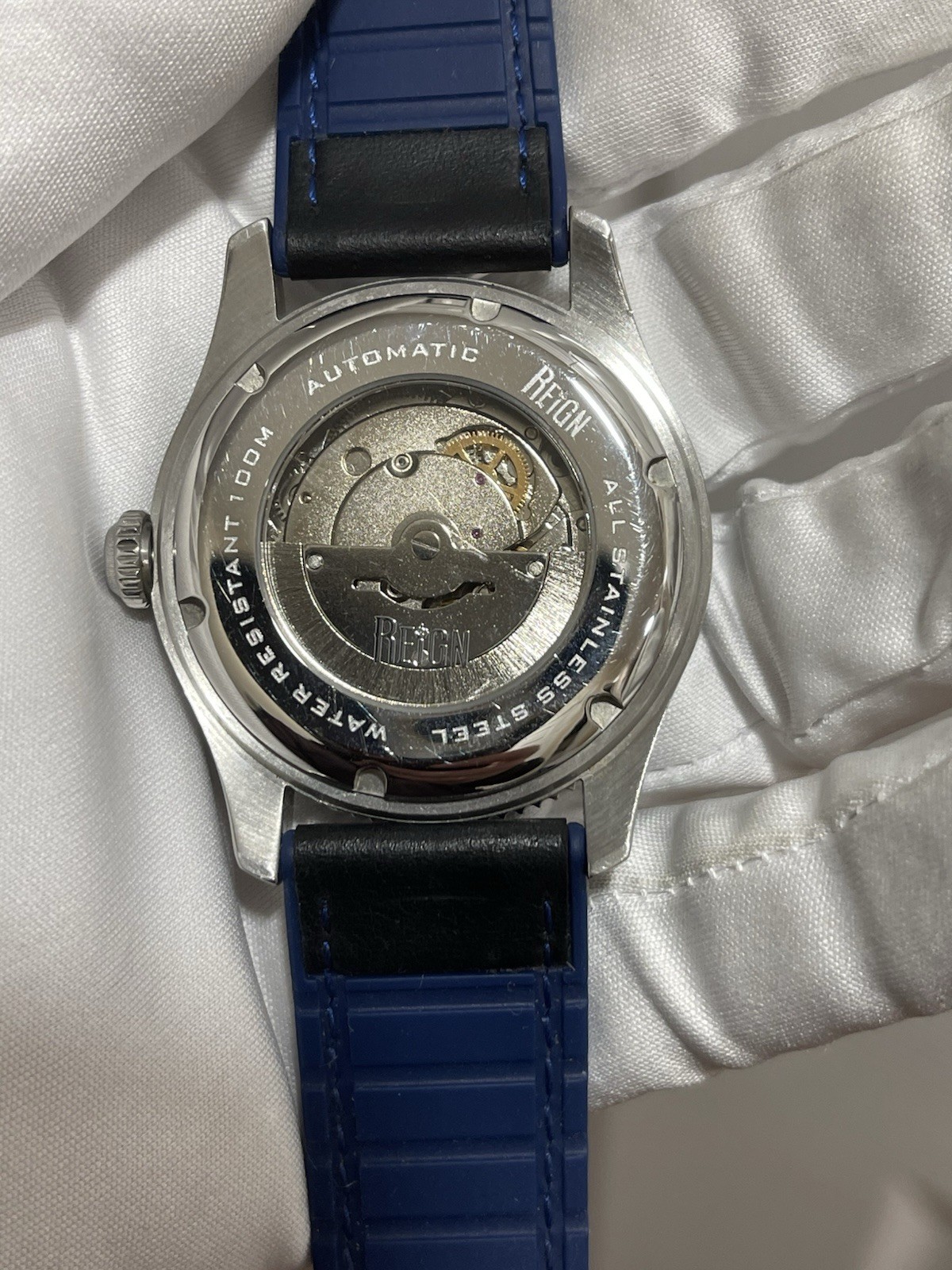 Reign Elijah Automatic Rubber Inlaid Leather-Band Watch W/Date – Black/Blue