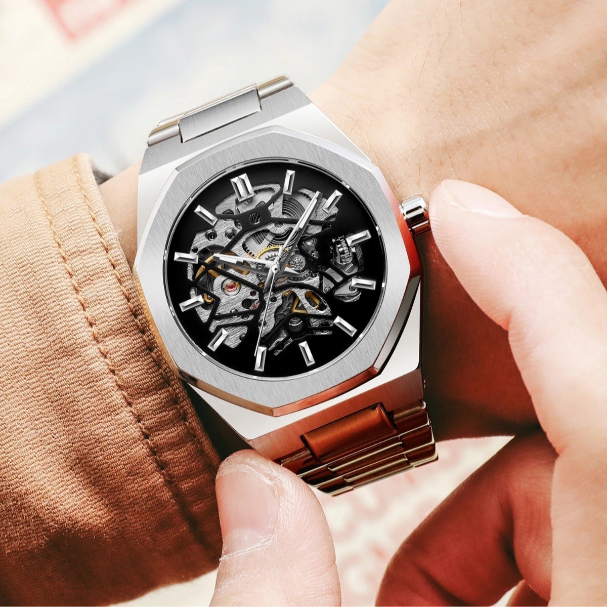 Men Skeleton Automatic Mechanical Watch Octagonal Case Stainless Steel Bracelet