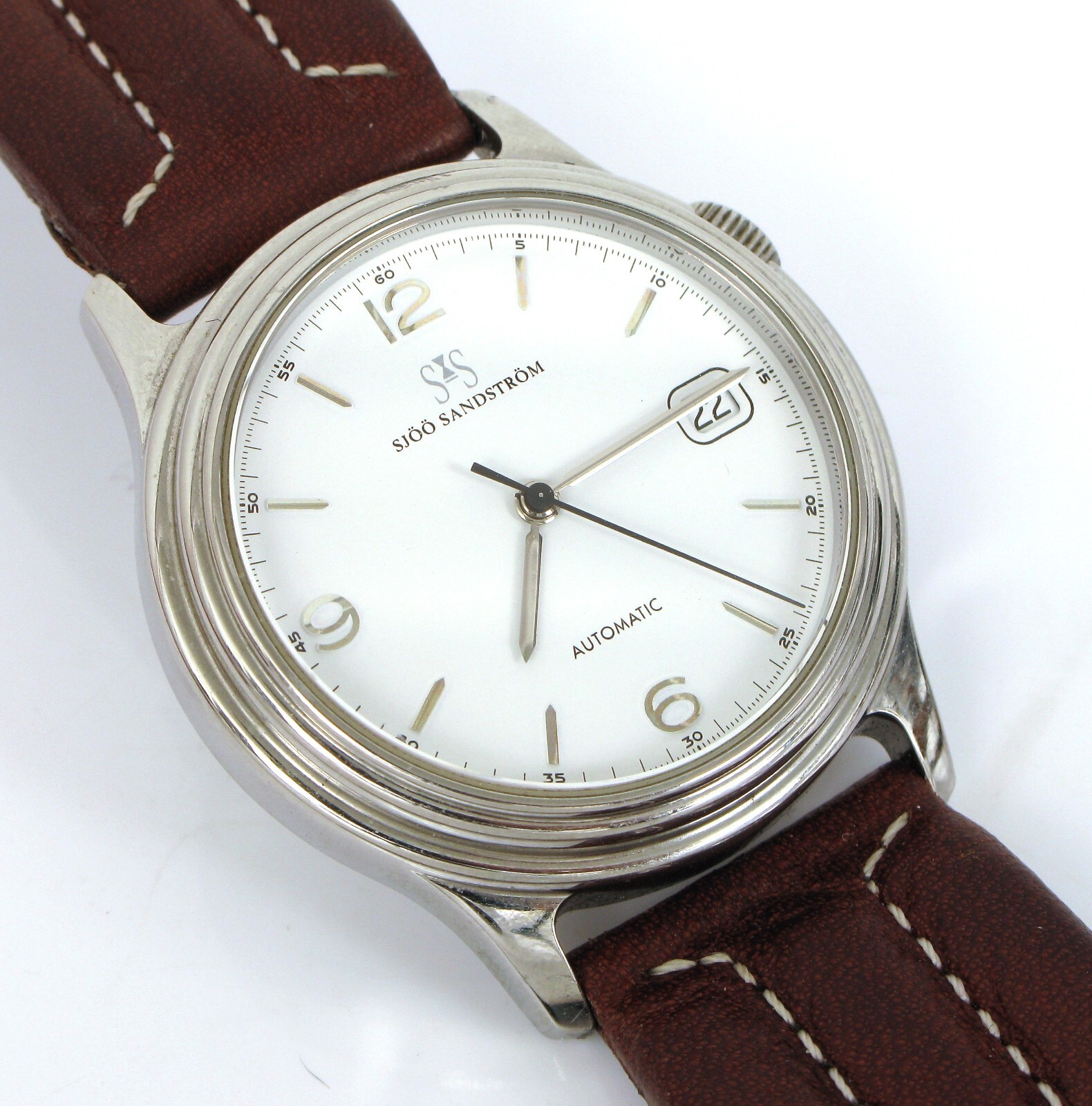 VINTAGE RARE Sjöö Sandström AUTOMATIC FIRST WRISTWATCH SWEDEN LEATHER BAND CLEAN