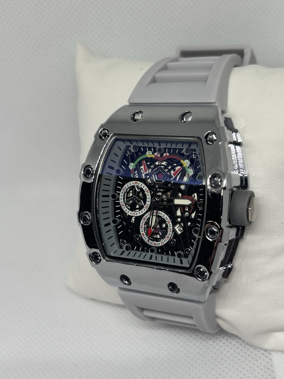 Mens Luxury Skeleton Watch Gray Rubber Strap Silver Tonneau Sport Watch