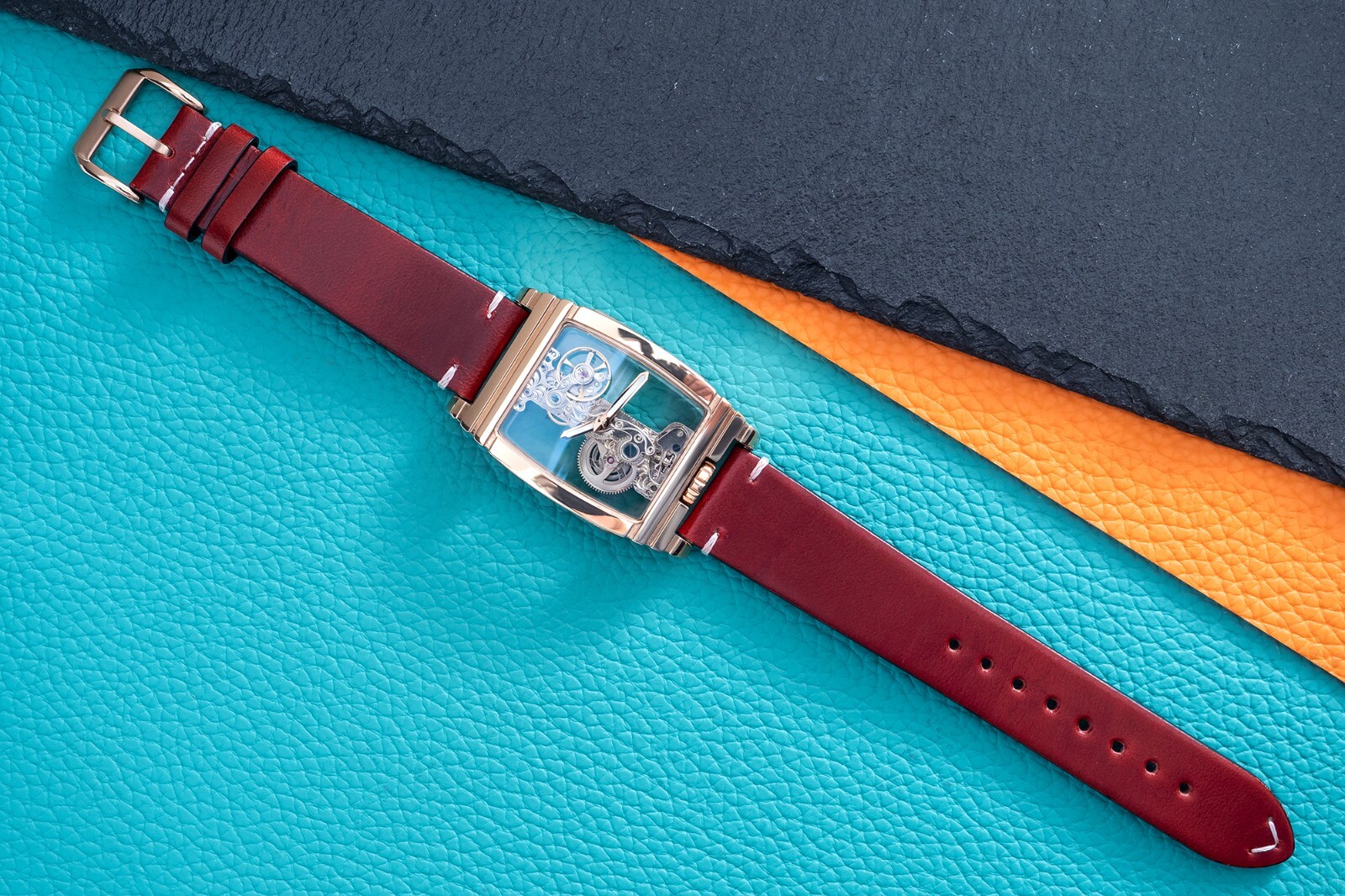 Mens Rose Gold Manual Mechanical Watch Dark Red Oil Waxed Vintage Leather Strap