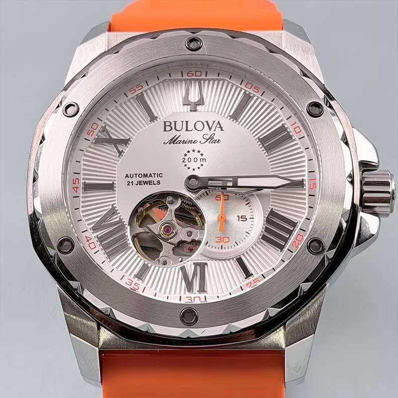 Bulova Marine Star 98A226 Automatic Men’s Watch White Dial Orange Silicone Strap