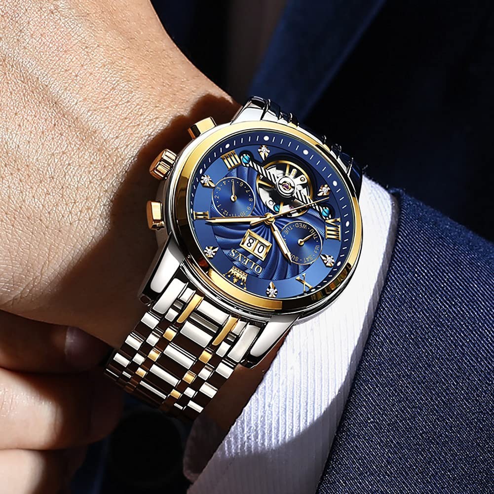 Men’s Automatic Skeleton Watch, 5 Hands Mechanical, Luxury Multi-Calendar, Water