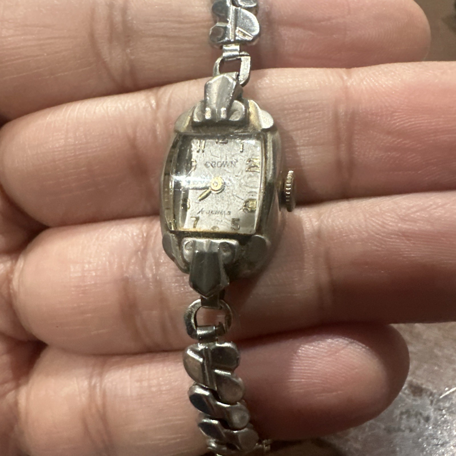 Vintage Crown Swiss Made Manual Wind Watch Women 15mm Fit 6.75in” For Repair