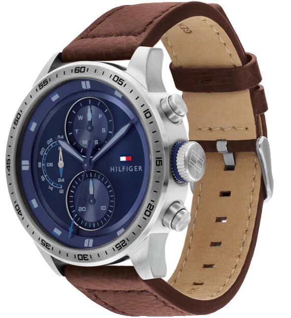 TOMMY HILFIGER CHRONOGRAPH 1791807 BLUE DIAL BROWN LEATHER STRAP 46MM MENS WATCH