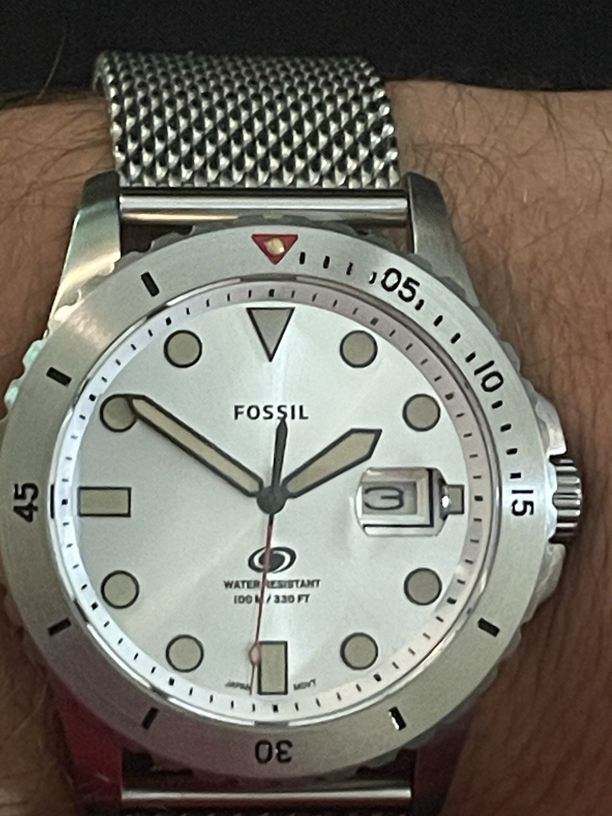 Fossil FS5948 Blue Diver Silver Sunburst Mesh Watch 100M NOS Box Tag Quartz 42mm