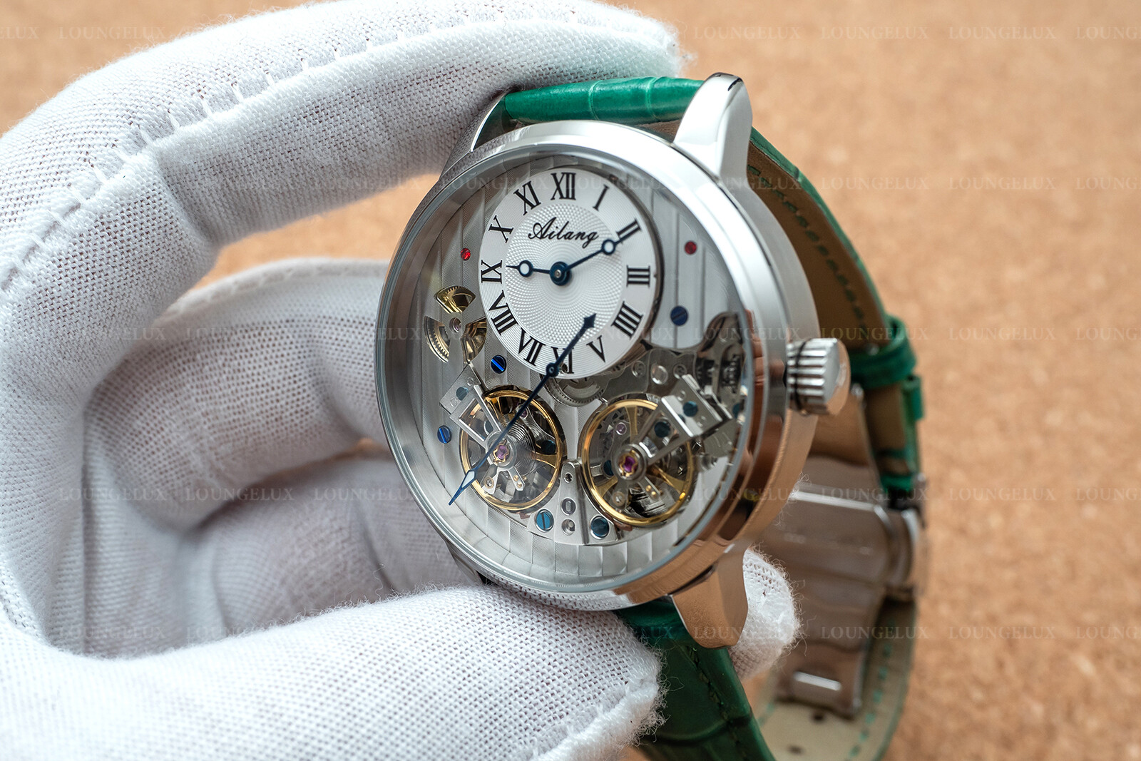 Mens Double Flywheel Automatic Mechanical Watch Silver White Dial Green Leather