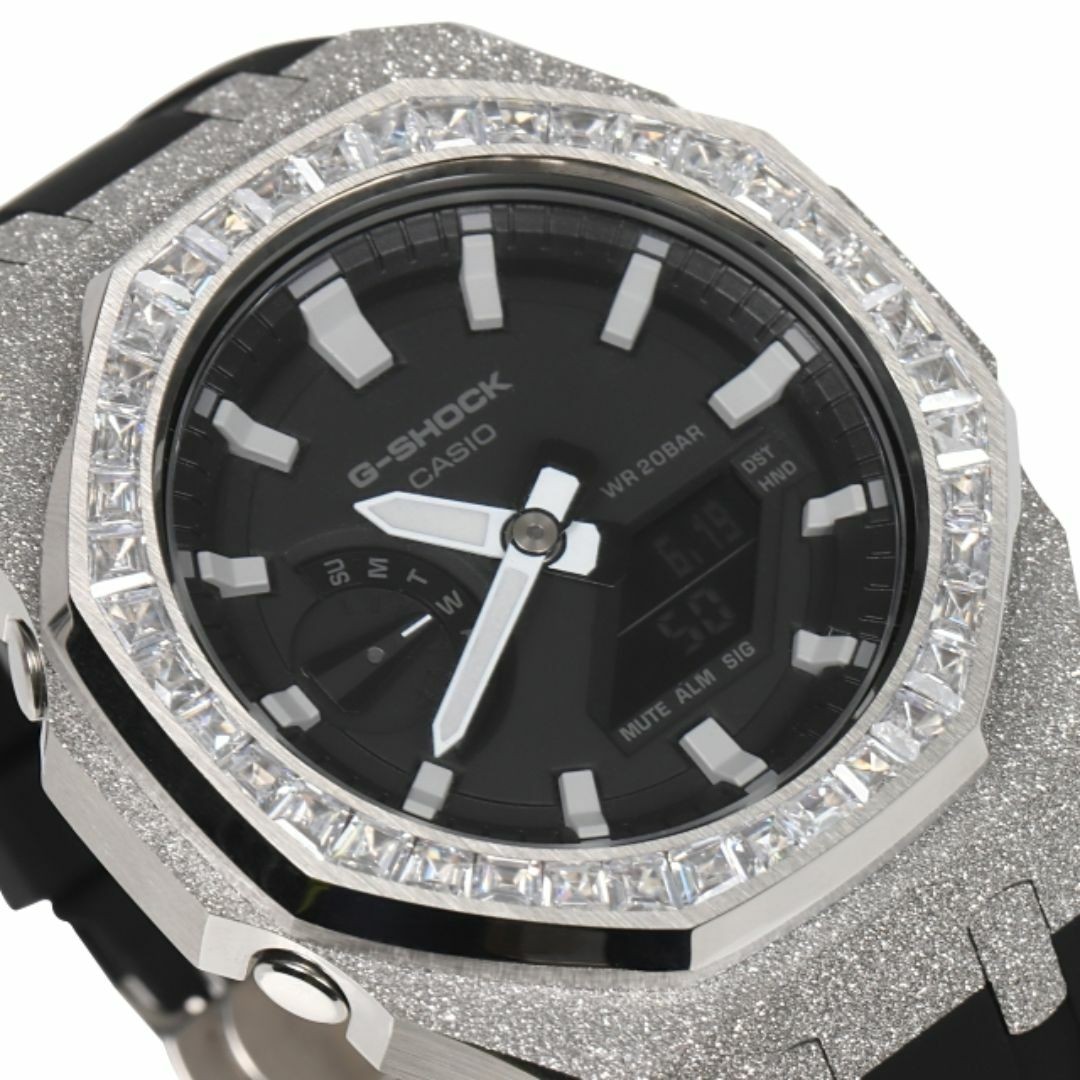 G-Shock GA2100 1A Metal Custom Frosted Silver Rubber Band Baguette CZ Bezel Casi