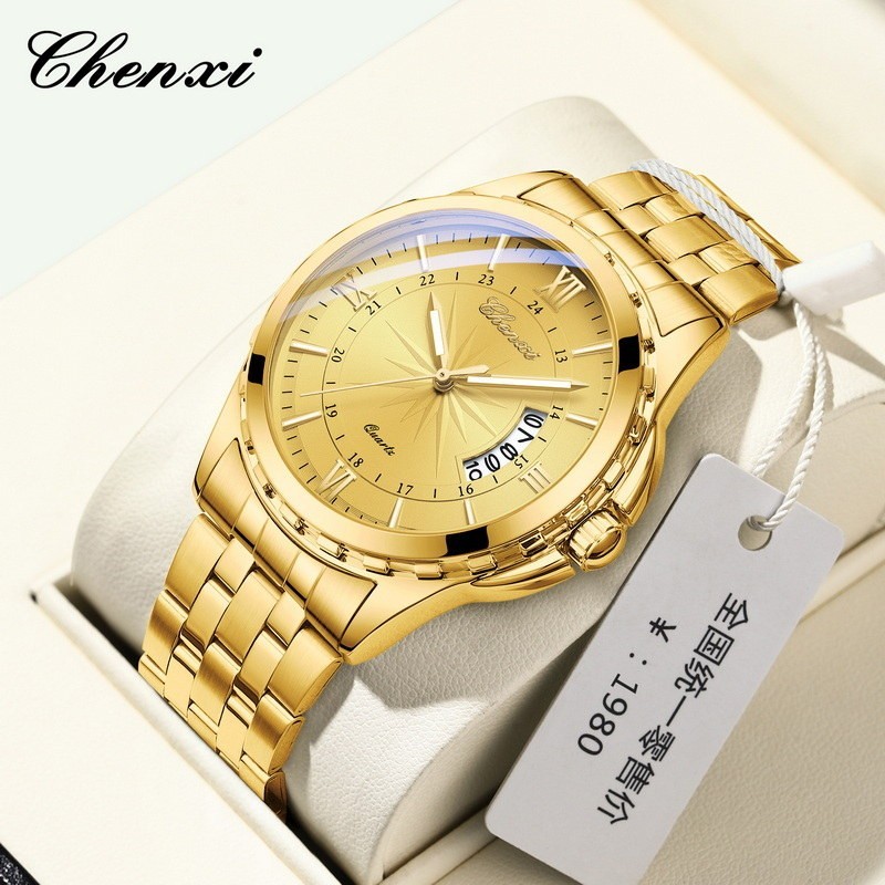 CHENXI Men’s Gold Business Day/Date Calendar Luminous Waterproof Quartz Watch