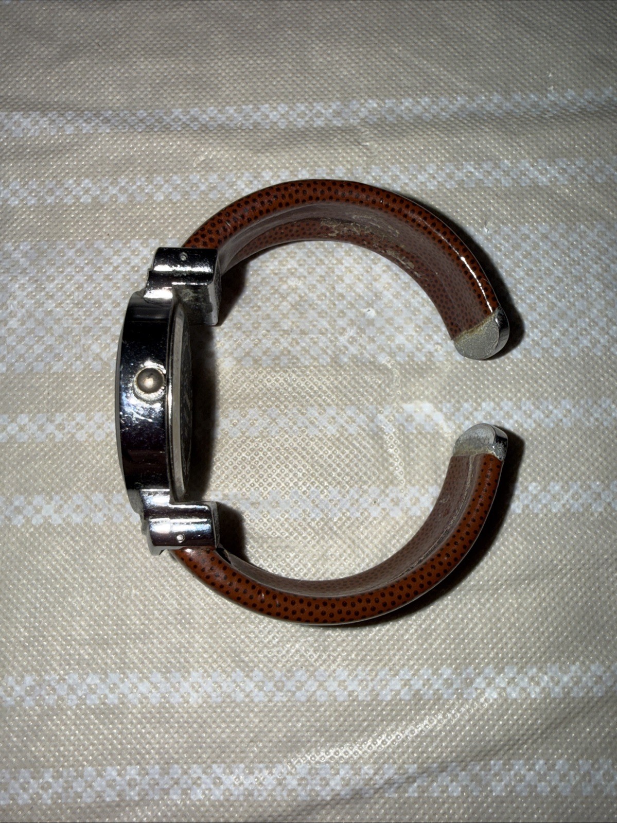 Geneva Ladies Brown Faux Leather Cuff Watch Silver Toned Brown Rim New Battery