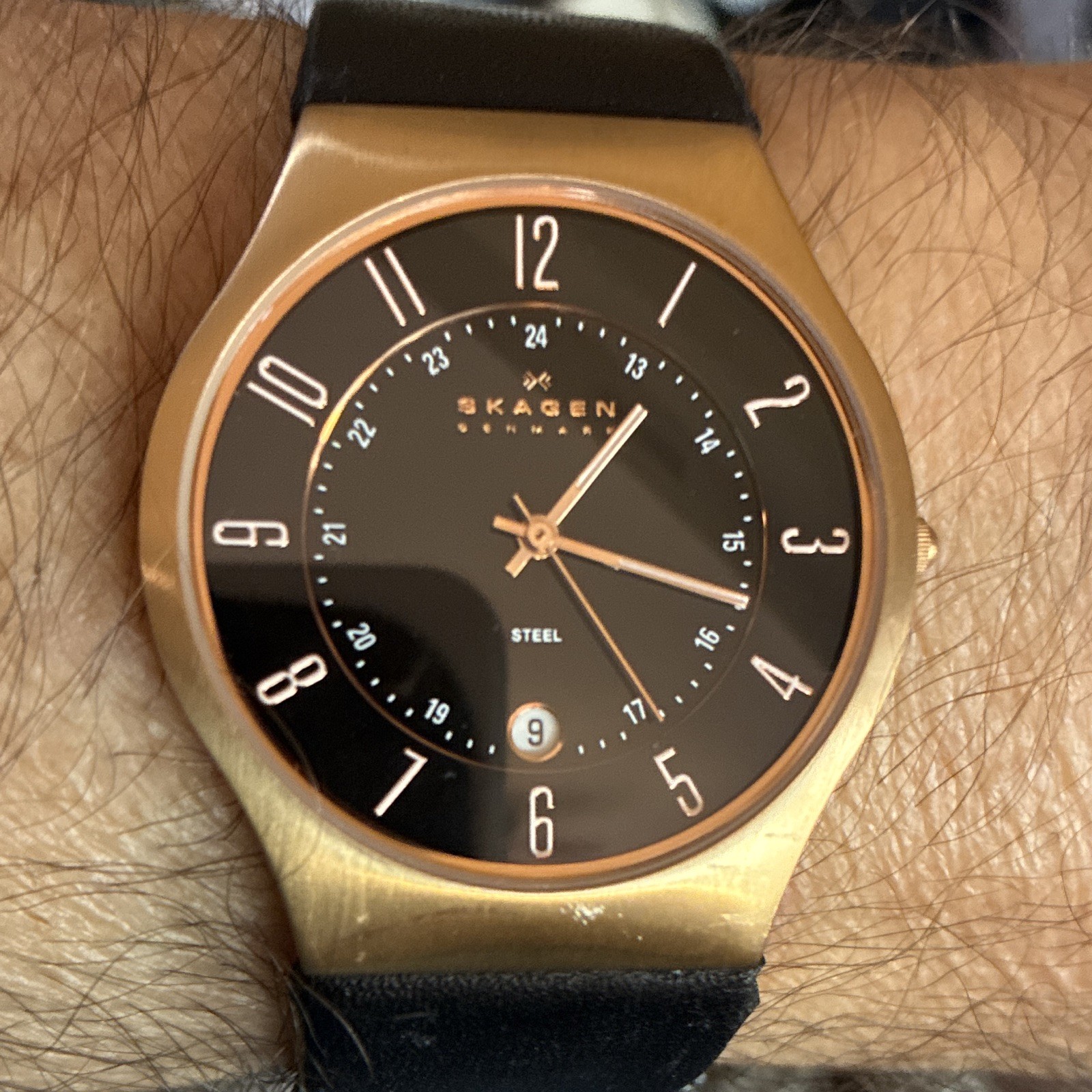 Skagen Denmark Men’s Quartz Rose Goldtone Watch Black Dial Leather Strap