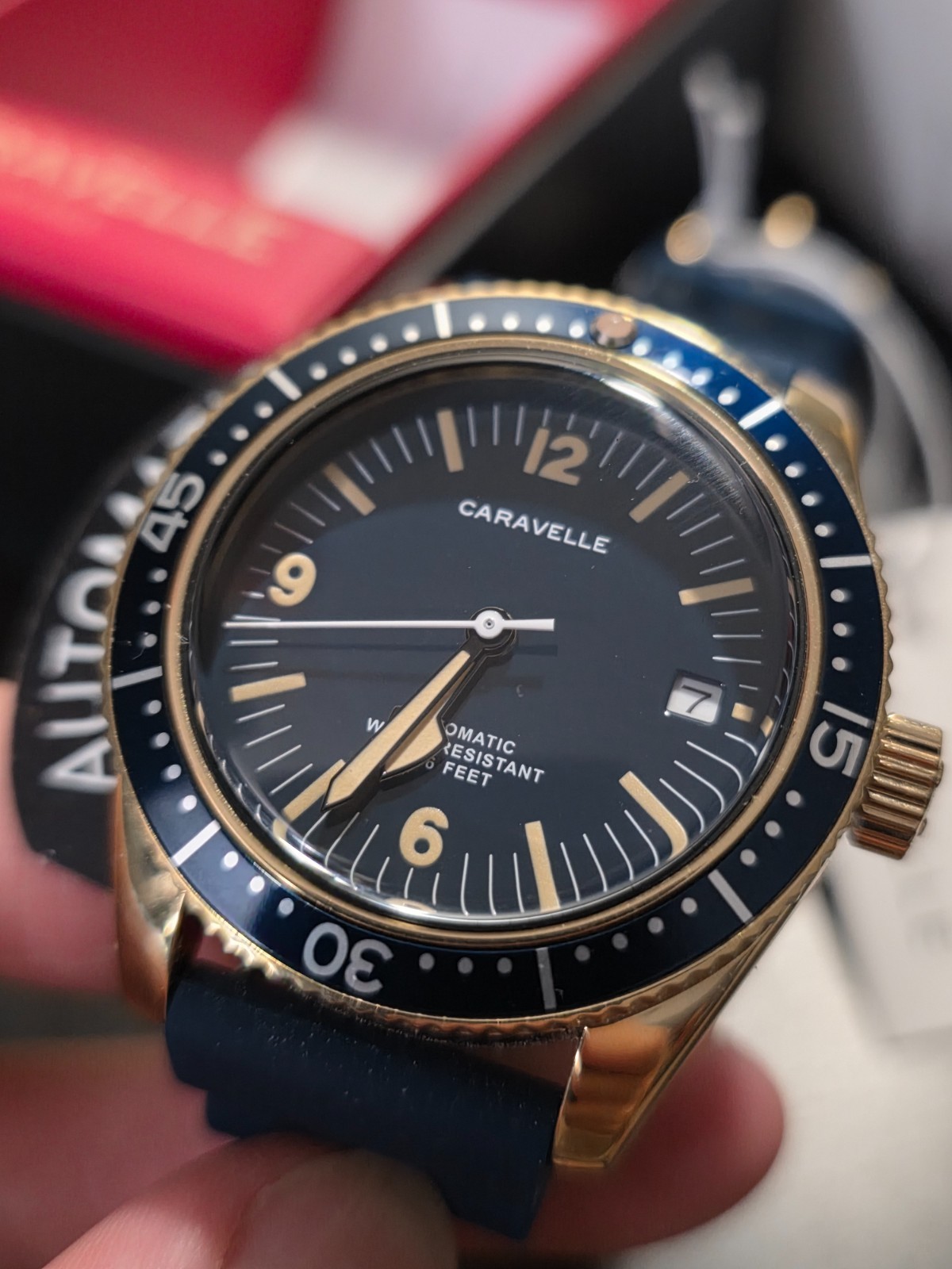 Vintage Caravelle Sea Hunter Dive Watch 44B129 Gold Blue Rubber Strap 2026 NEW