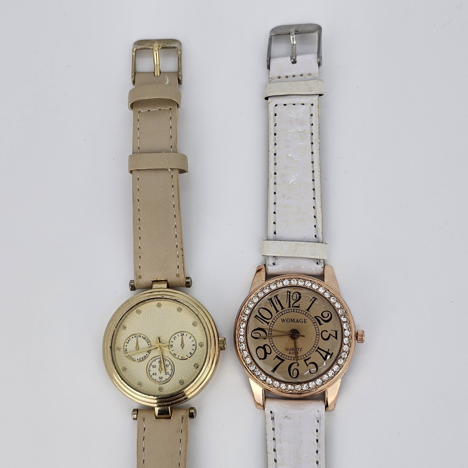 2X Women’s Watch 36-37MM Cream Brown Dial Brown White Leather Bands New Battery