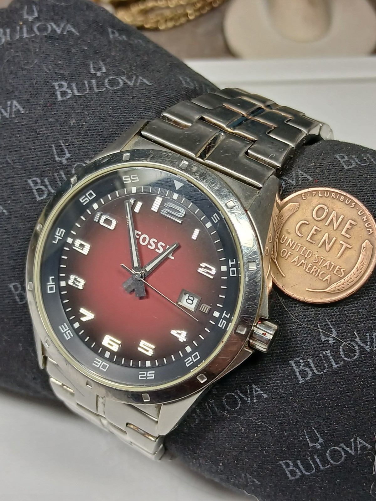 Fossil AM-4159 Stainless Steel Burgundy Dial Mens Quartz Watch