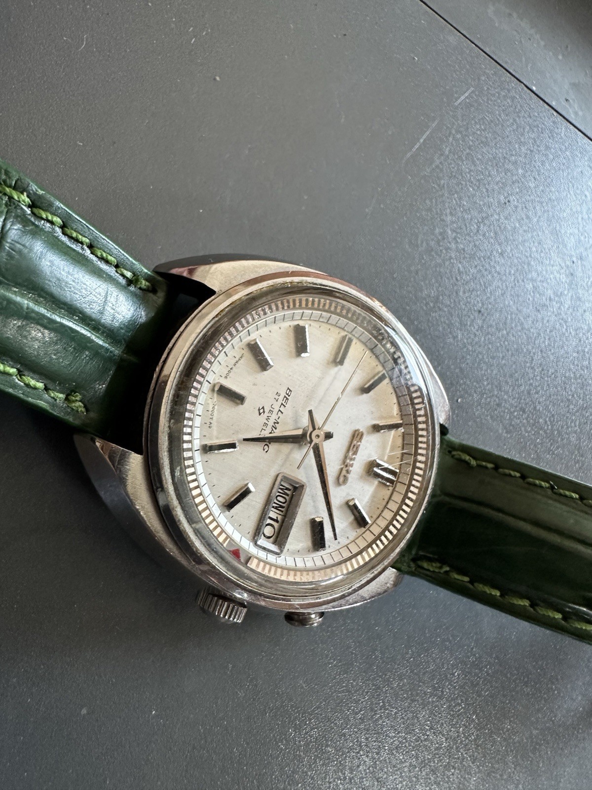 Seiko Bell-Matic Automatic 27J Day/Date Silver Dial Green Leather Men’s