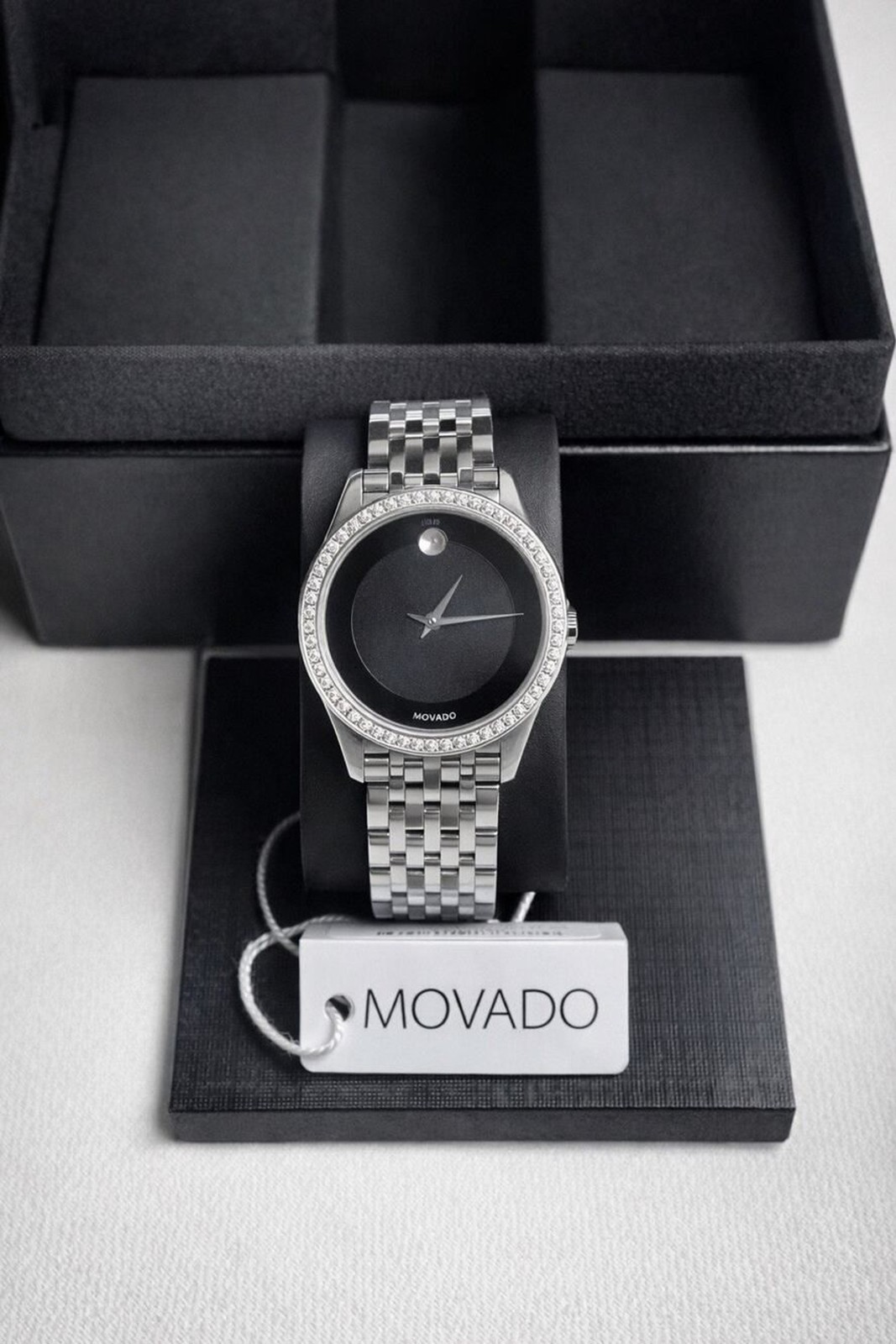 NEW Full Set Movado Museum Diamond Womens Steel Black 28mm