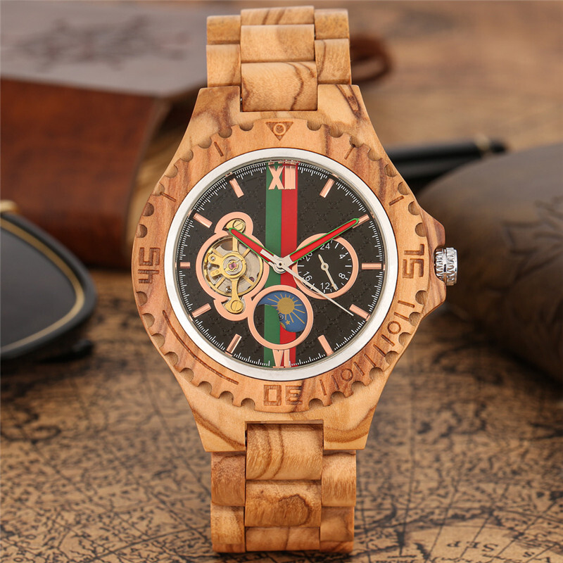 Men’s Wooden Automatic Watch Full Wooden Bracelet Wristwatch Folding Clasp Gifts