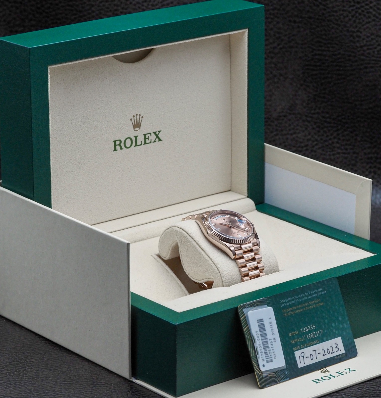 Rolex Day-Date 128235 MINT 18k Rose President Diamond Sundust Dial Unisex 36MM