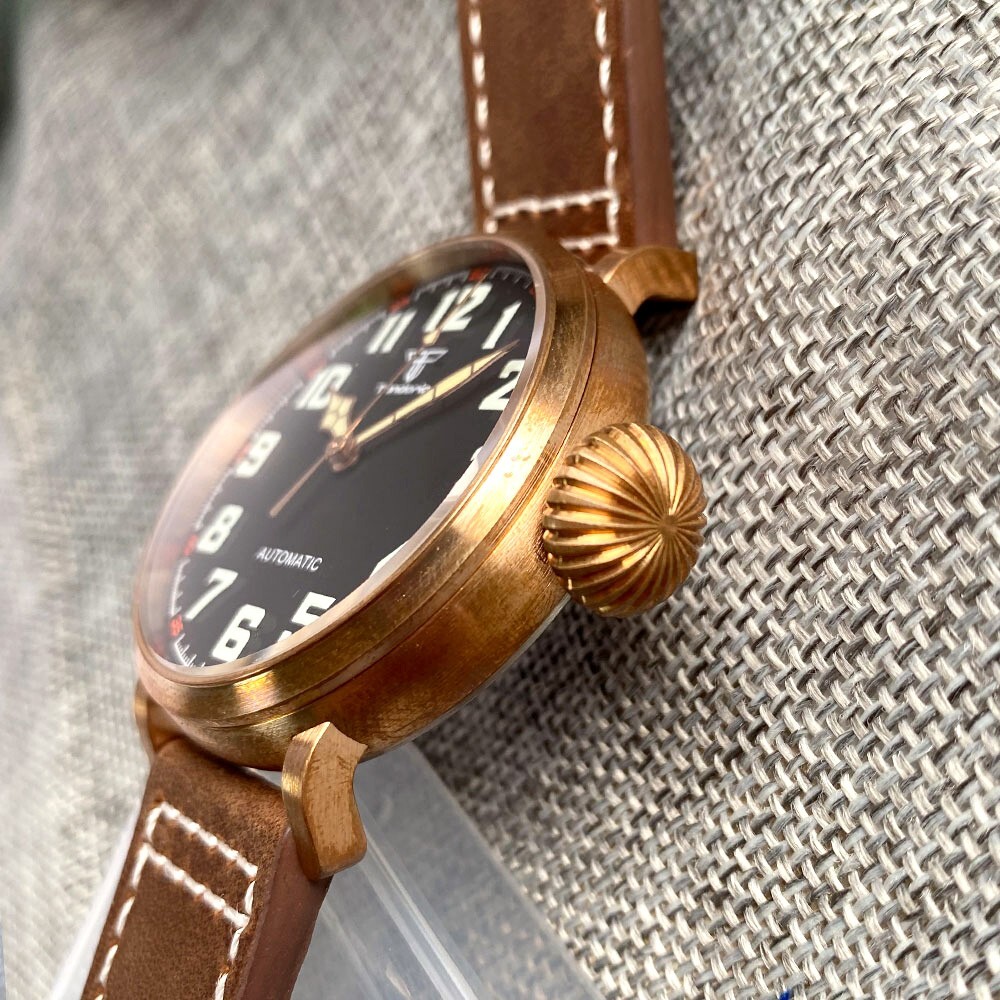 46.5mm Big Dial Watch For Men Solid Bronze Green Luminous Japan NH35A Automatic
