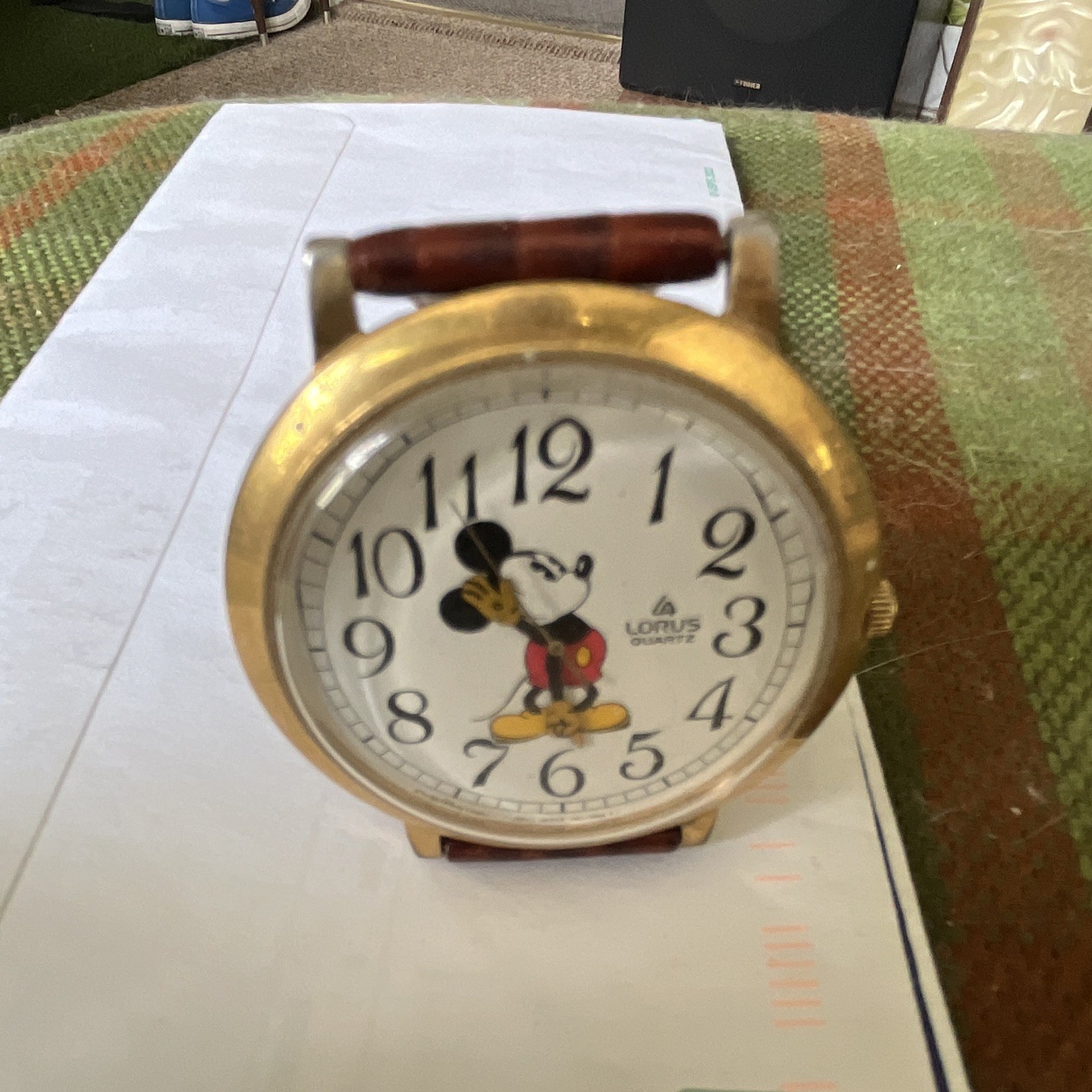 Disney Mickey Mouse Quartz Analog 30mm Gold Tone Case Brown Leather Strap