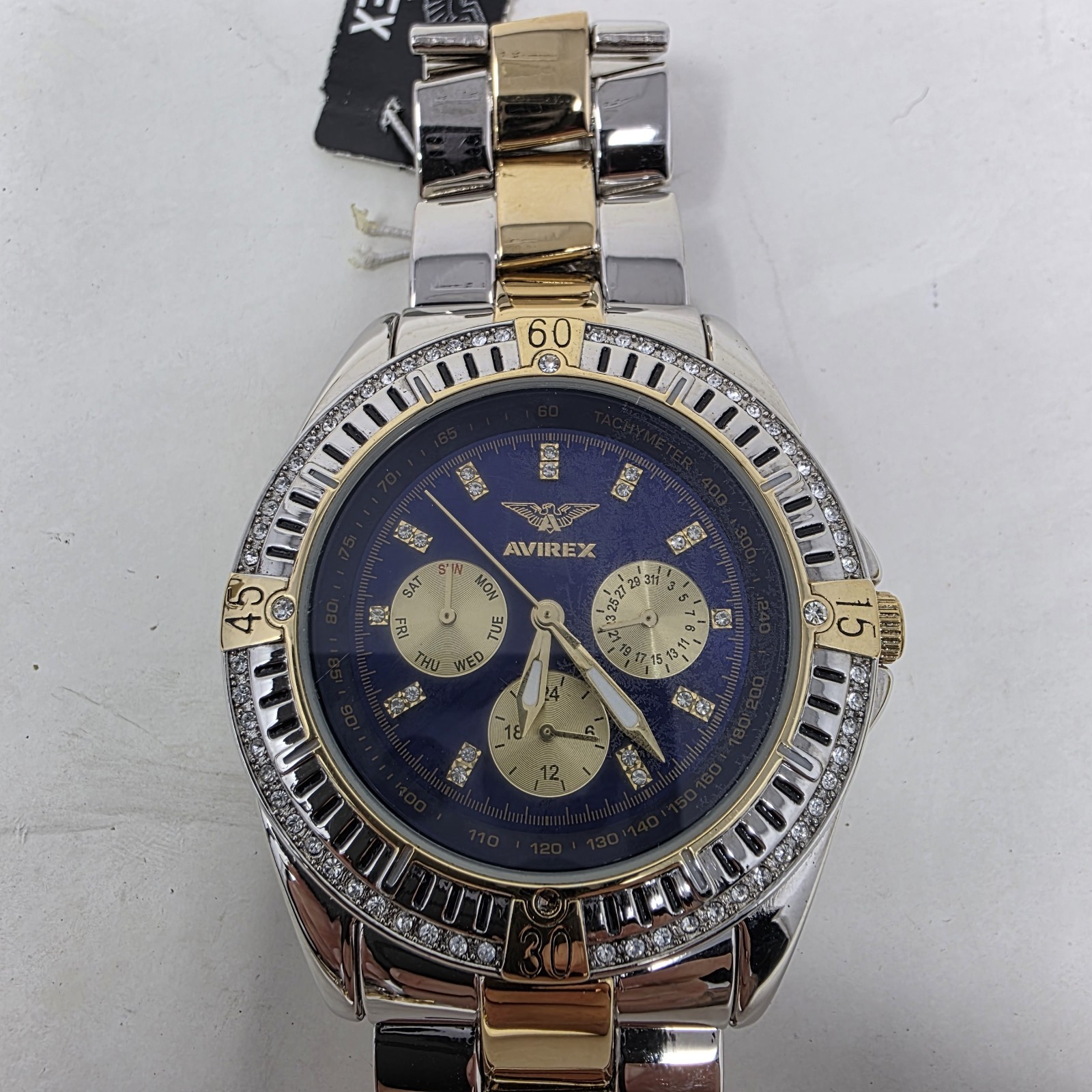 Avirex Mens Watch Diamond Bezzel Blue Face Stainless Steel Vtg