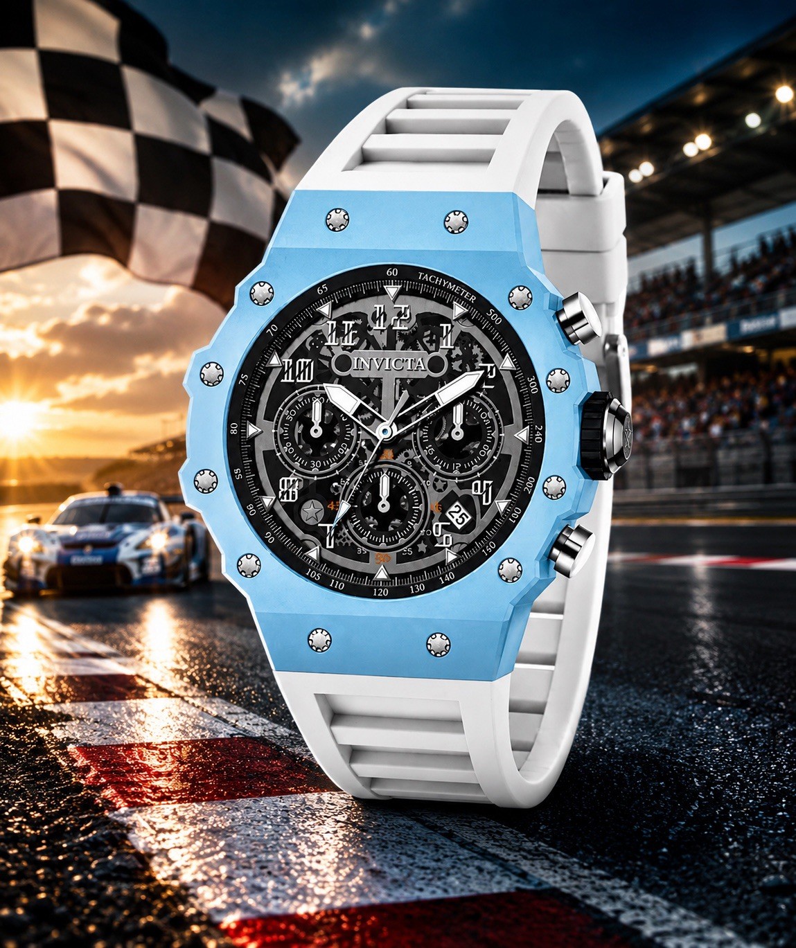 Invicta Racing Vaulthan Men’s 44mm Chronograph , White Blue Watch! NEW & SHARP!!