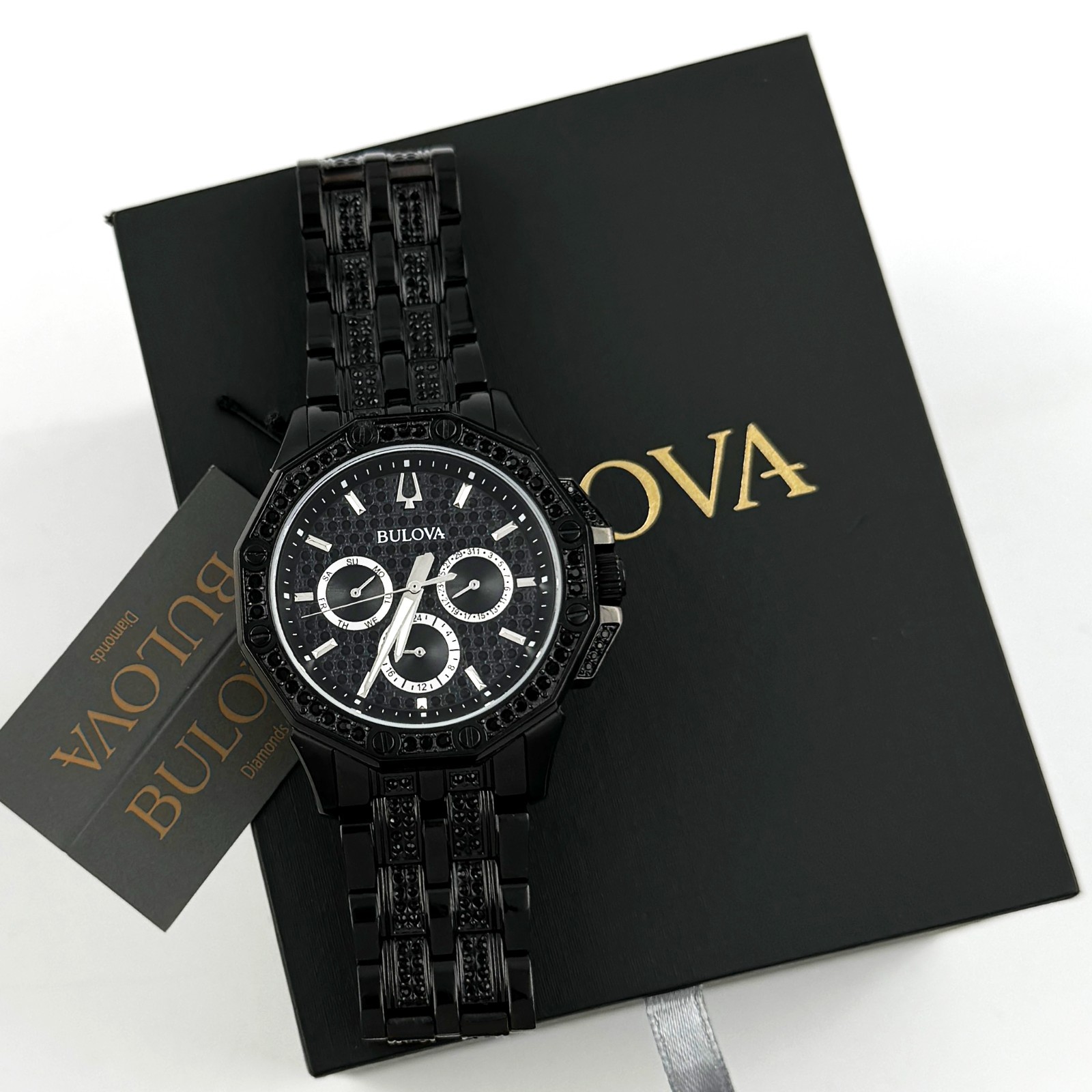 Bulova Crystal Octava 98C134 Quartz Black Pave Dial Stainless Men’s Watch 41.5mm