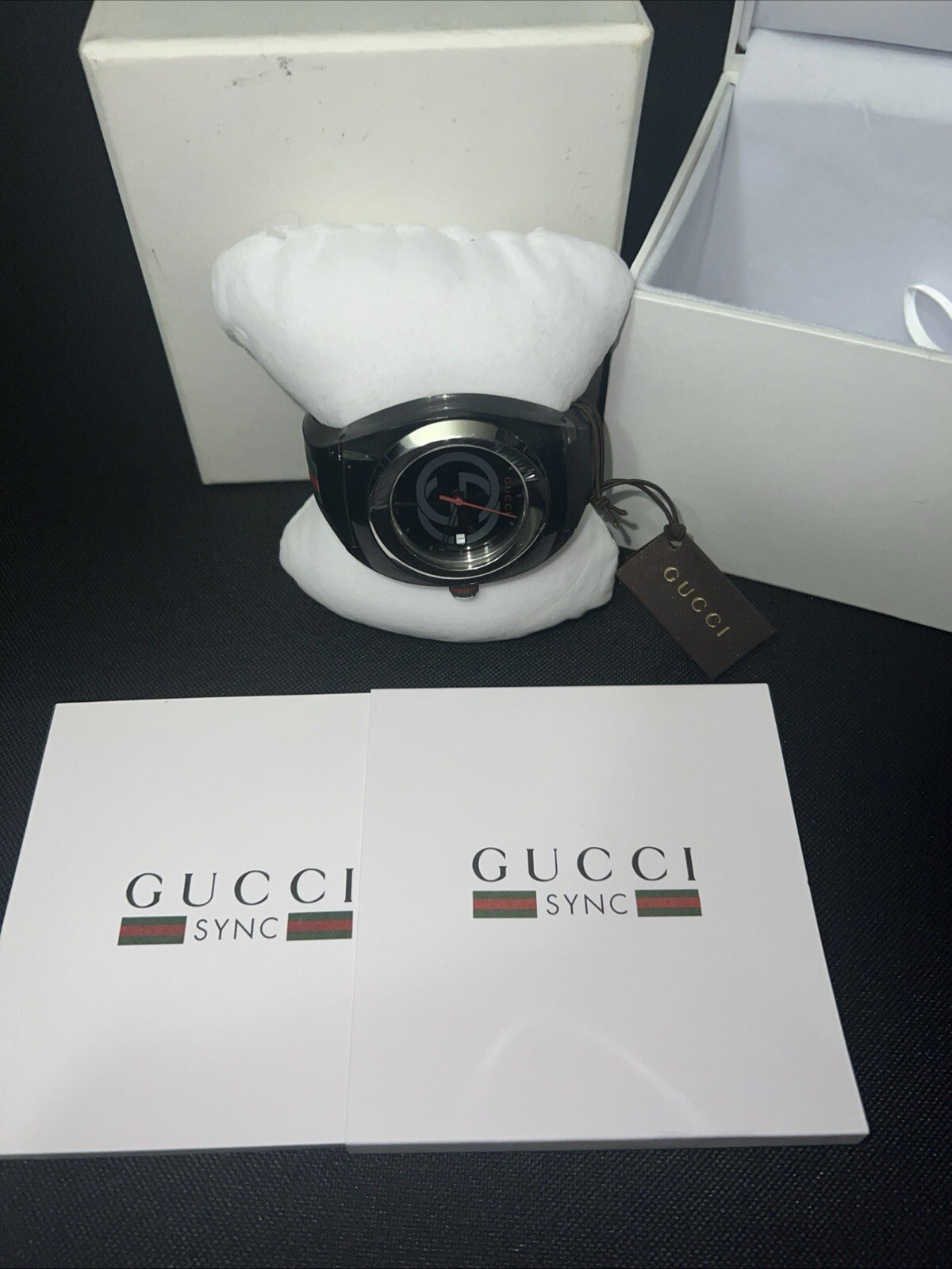 Slightly Used Gucci Sync YA137101 Black Rubber Band Gucci Logoed Dia Men’s Watch
