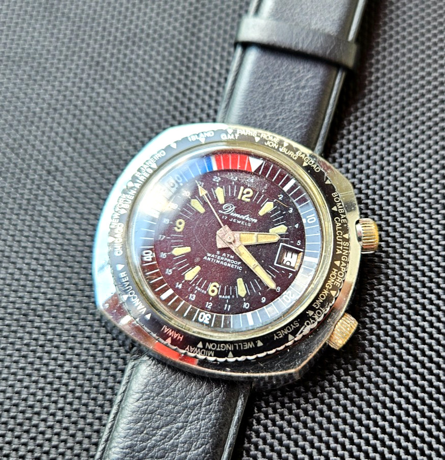 Dimetron 17 jewels manual wind 5 ATM Diver Watch World Time UFO case