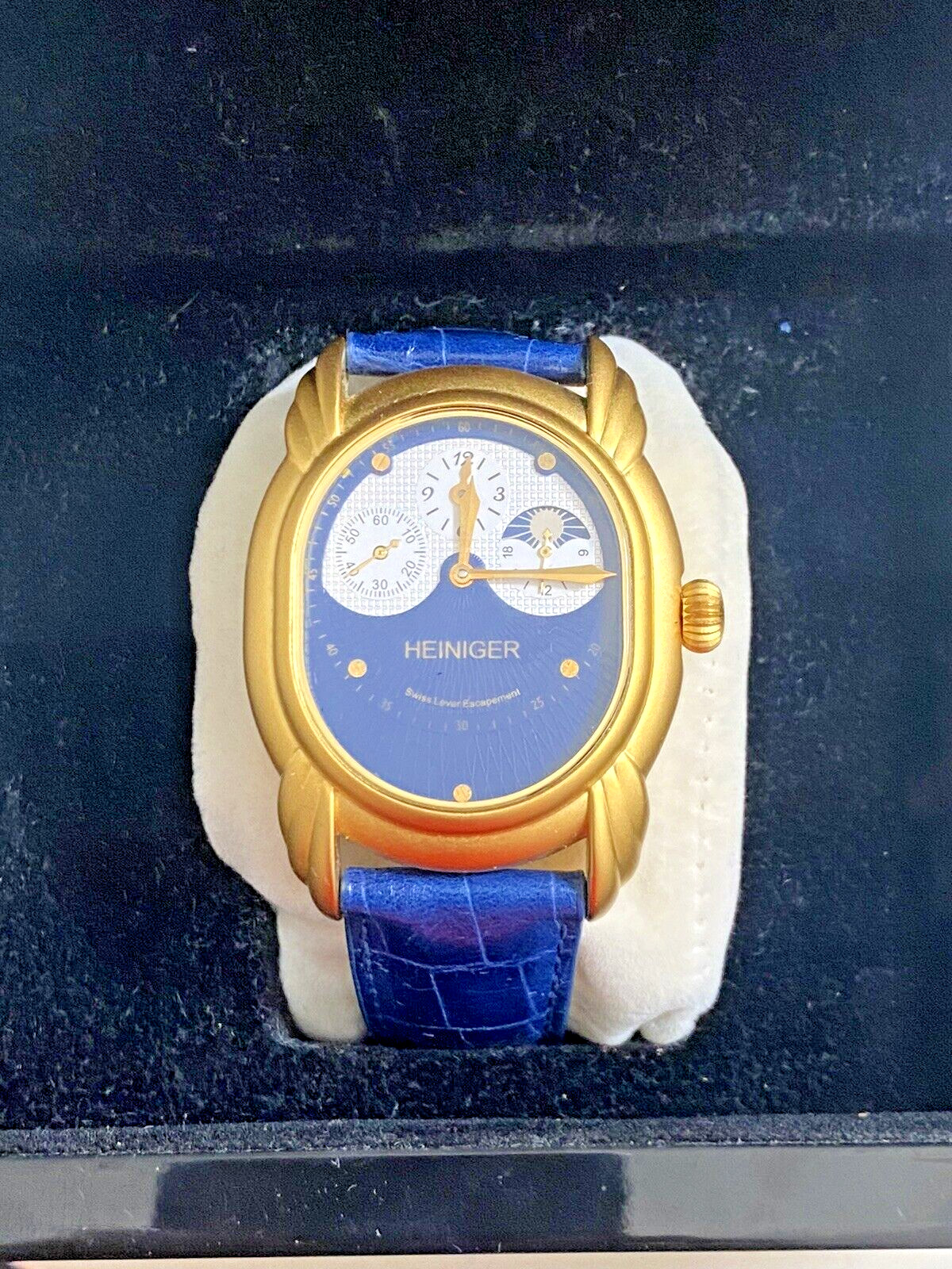 Heiniger Mechanical Watch Swiss Lever Escapement Brass Housing Blue Leather band