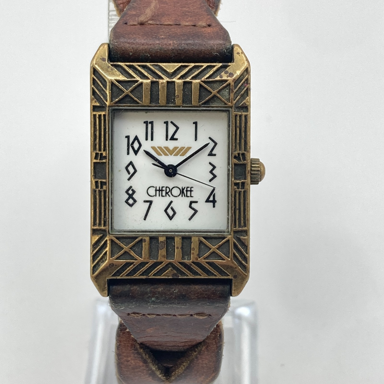 Vintage Cherokee Unisex Watch Brass Tone Leather Art Deco 23mm New Battery 9″