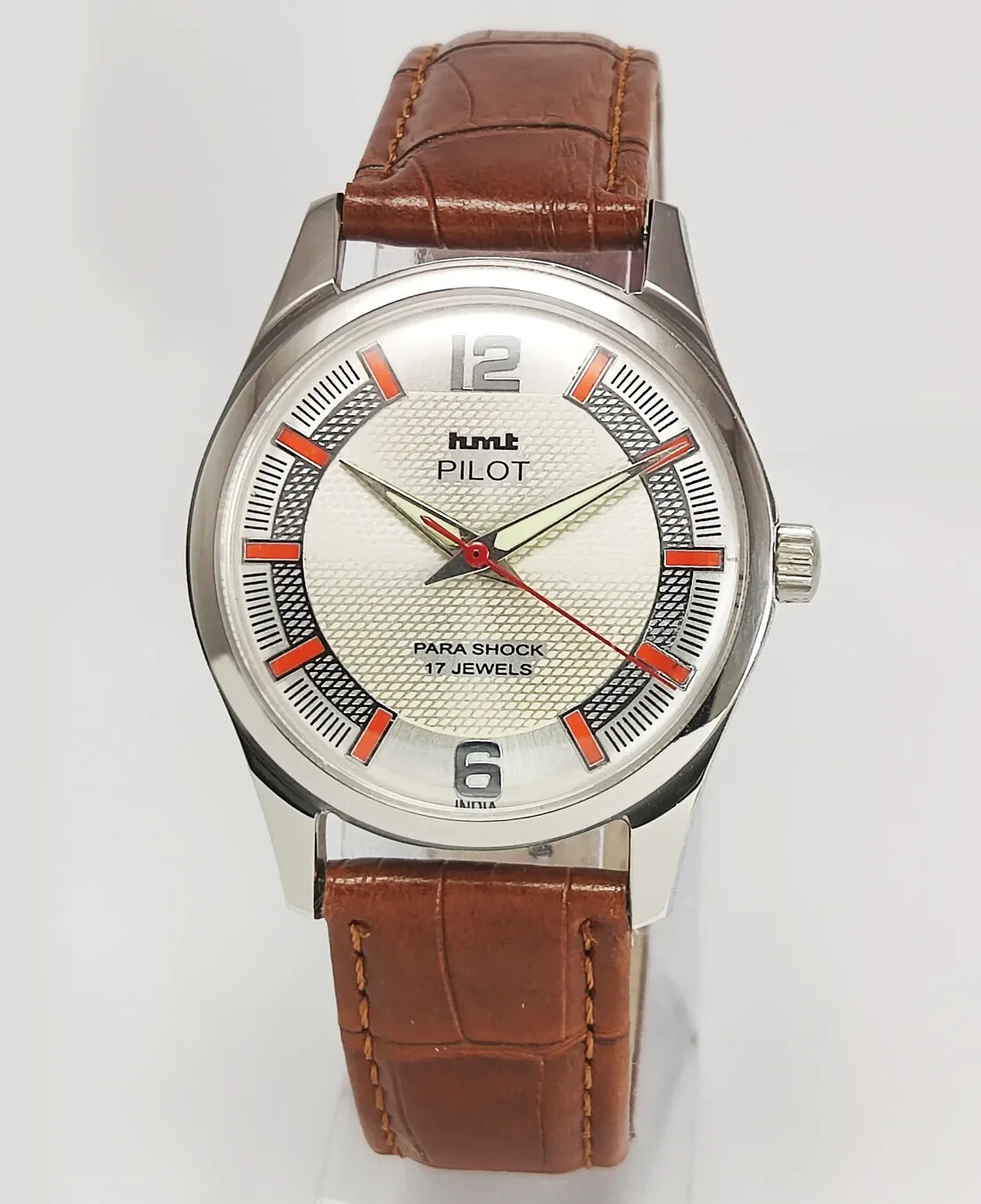HMT Pilot Pearl Dial 17 Jewels Mechanical Handwinding Skeleton Back Wrist Watch