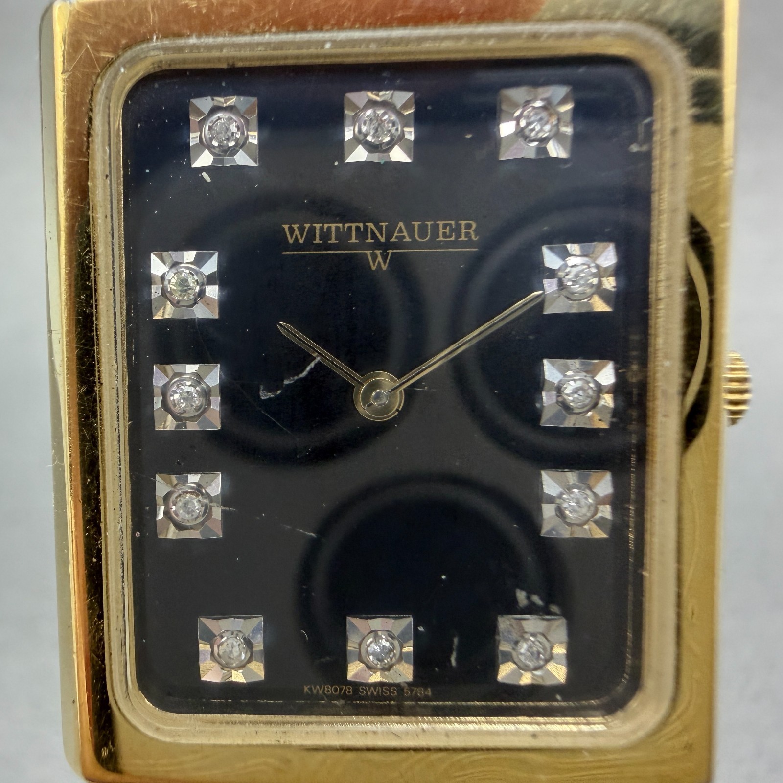 Wittnauer Tank Watch Men 24mm Black Dial Gold Tone KW8078 5784 Diamonds New Batt