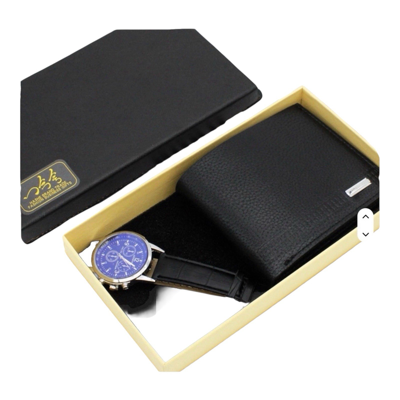 Men’s Square Analog Wristwatch White Dial Black Leather Strap Gift Set Boxed