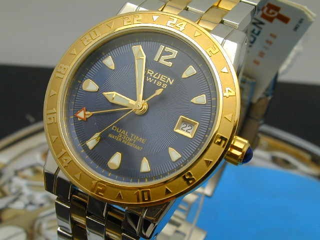 NOS GRUEN DUAL TIME BLUE DIAL TEO TONE SCREW DOWN BUTTERFLY CLASP MANS WATCH
