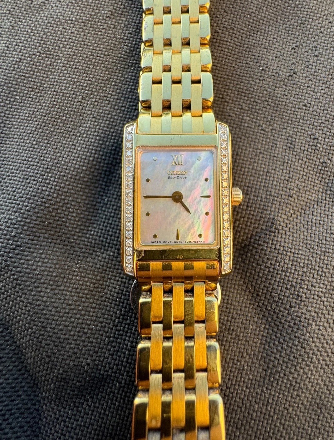 Citizen Ladies Eco Drive Tank Stiletto Watch Golden with Mother of Pearl dial