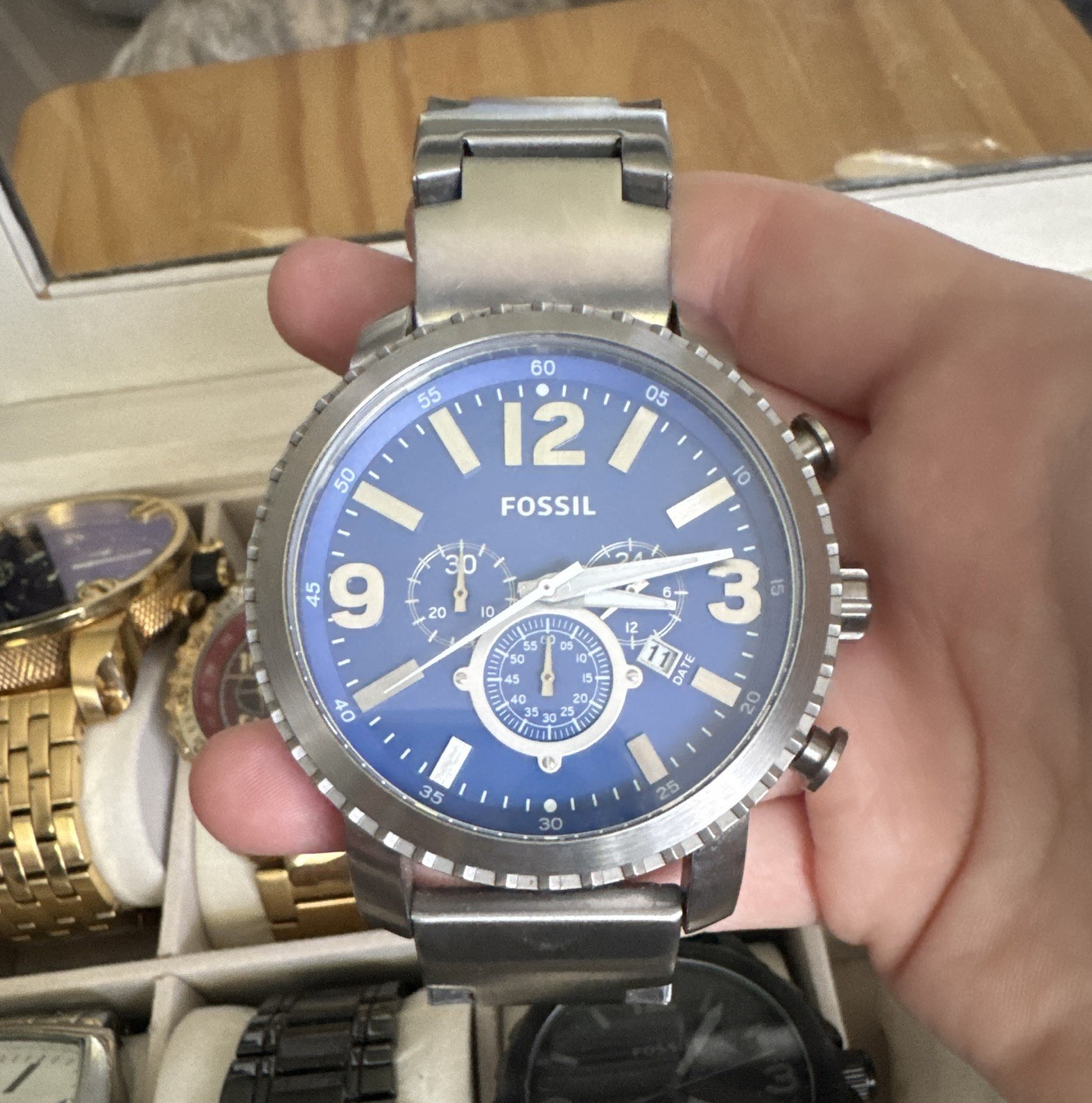 Fossil Men’s Chronograph Quartz Date Blue Dial Silver Stainless Steel Bracelet