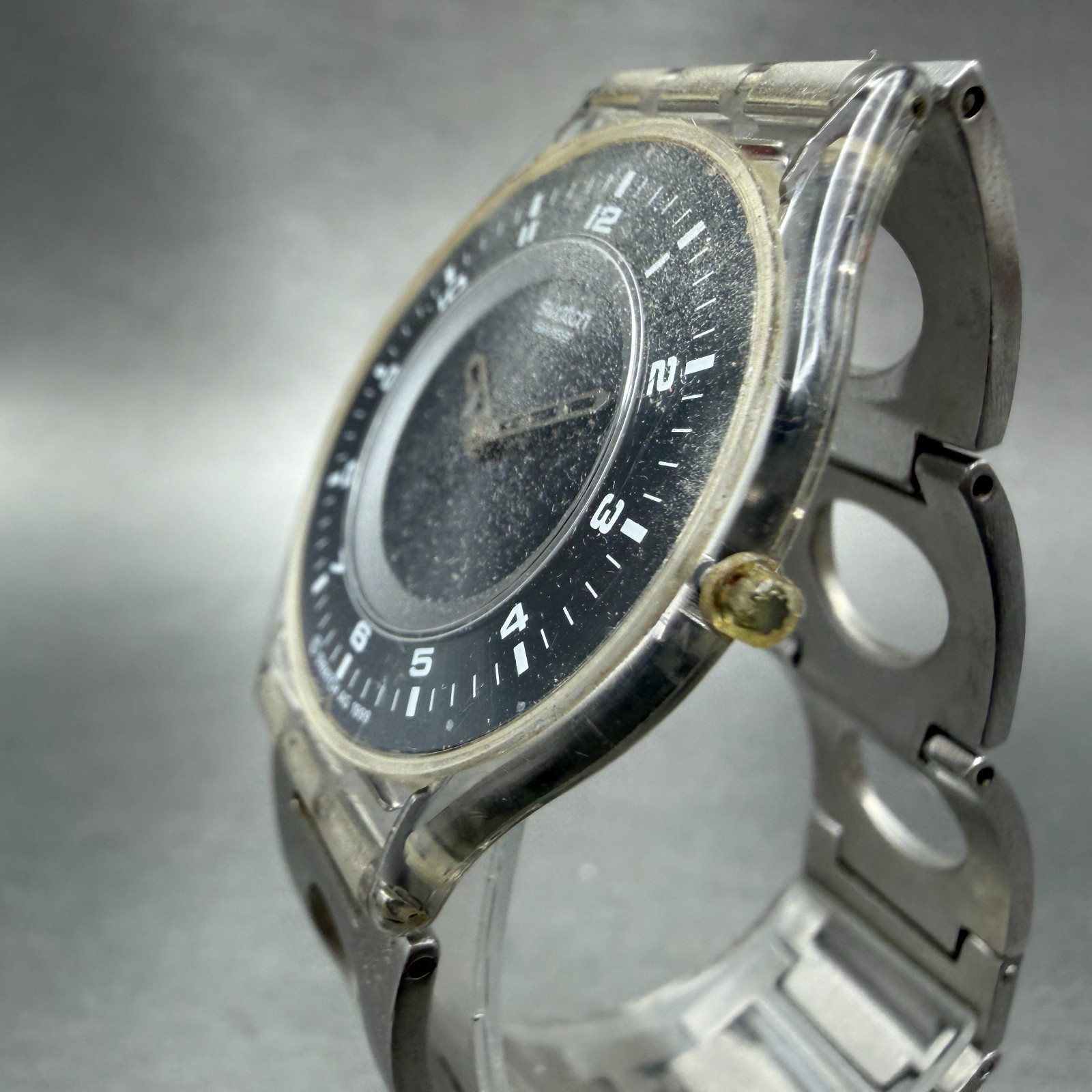 Swatch Skin Simple Like Watch Men 34mm Gray Dial Clear Case Round New Battery A