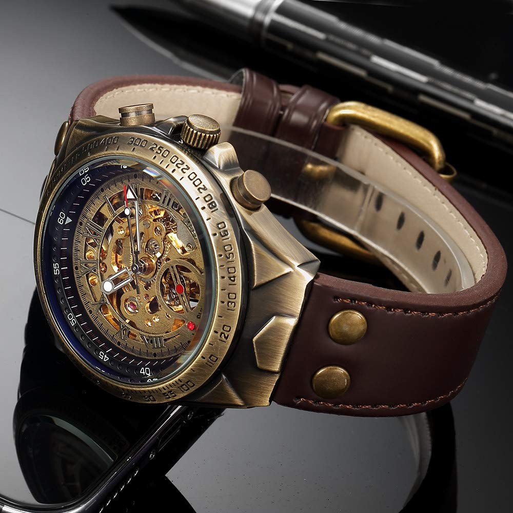 Luxury Automatic Mechanical Men’s Leather Belt Fashion Bronze Steel Waterproo…