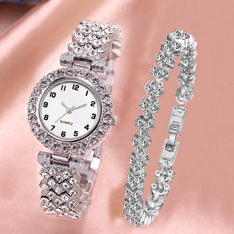 2pcs and 1pcs Elegant Crystal Watch Stainless Steel Fashion Simple Luxury Full C