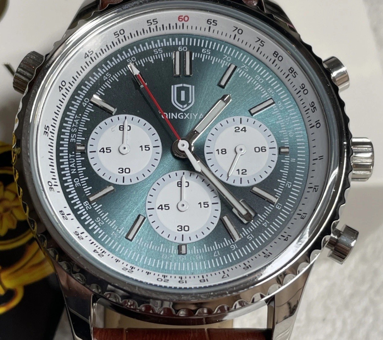 43MM QINGXIYA Men’s Chronograph Watch Leather Strap Tested USA ships