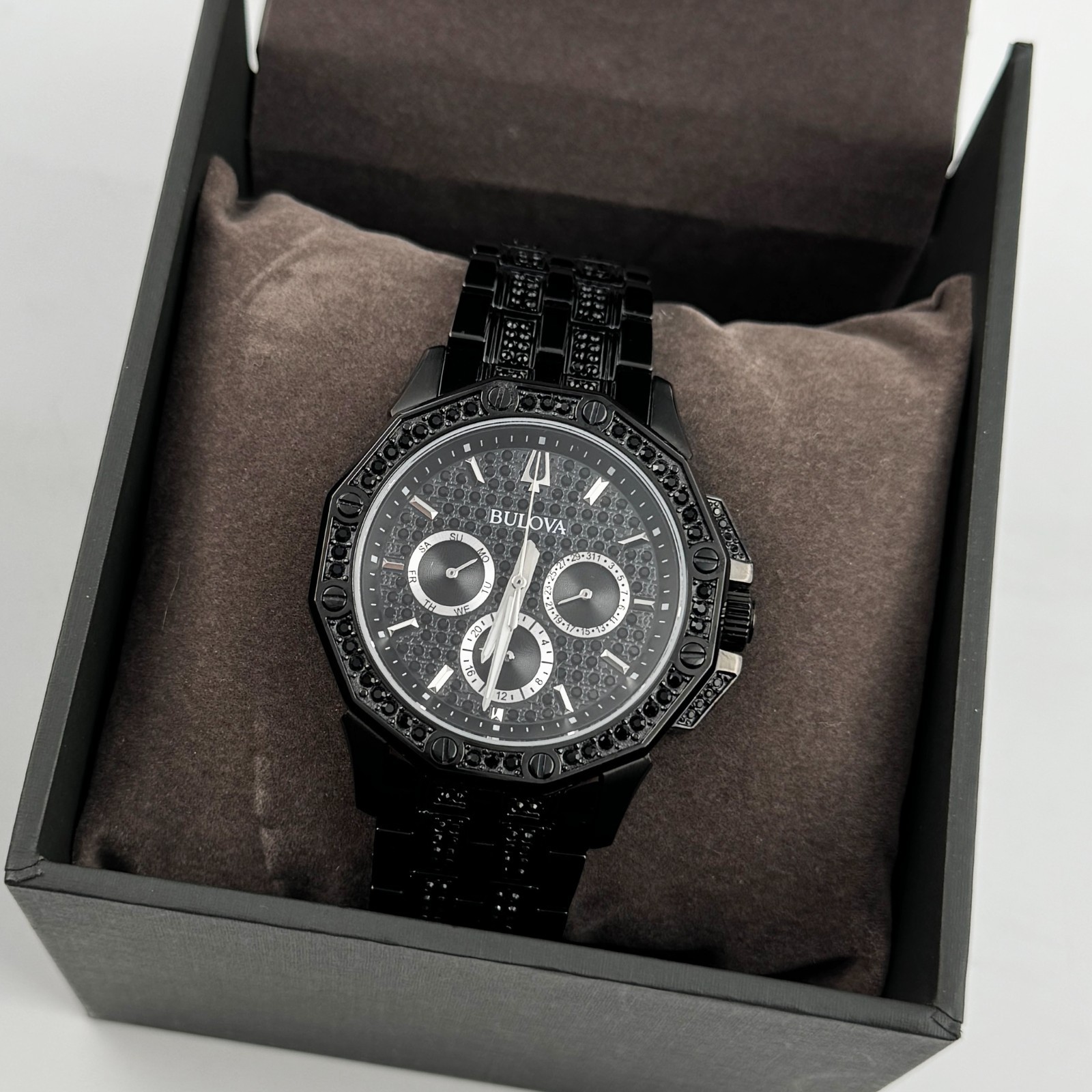 Bulova Crystal Octava 98C134 Quartz Black Pave Dial Stainless Men’s Watch 41.5mm