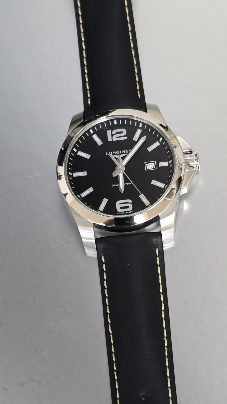 Longines Conquest 43mm Quartz SS Black Leather Band Men’s Watch L3.760.4.56.3