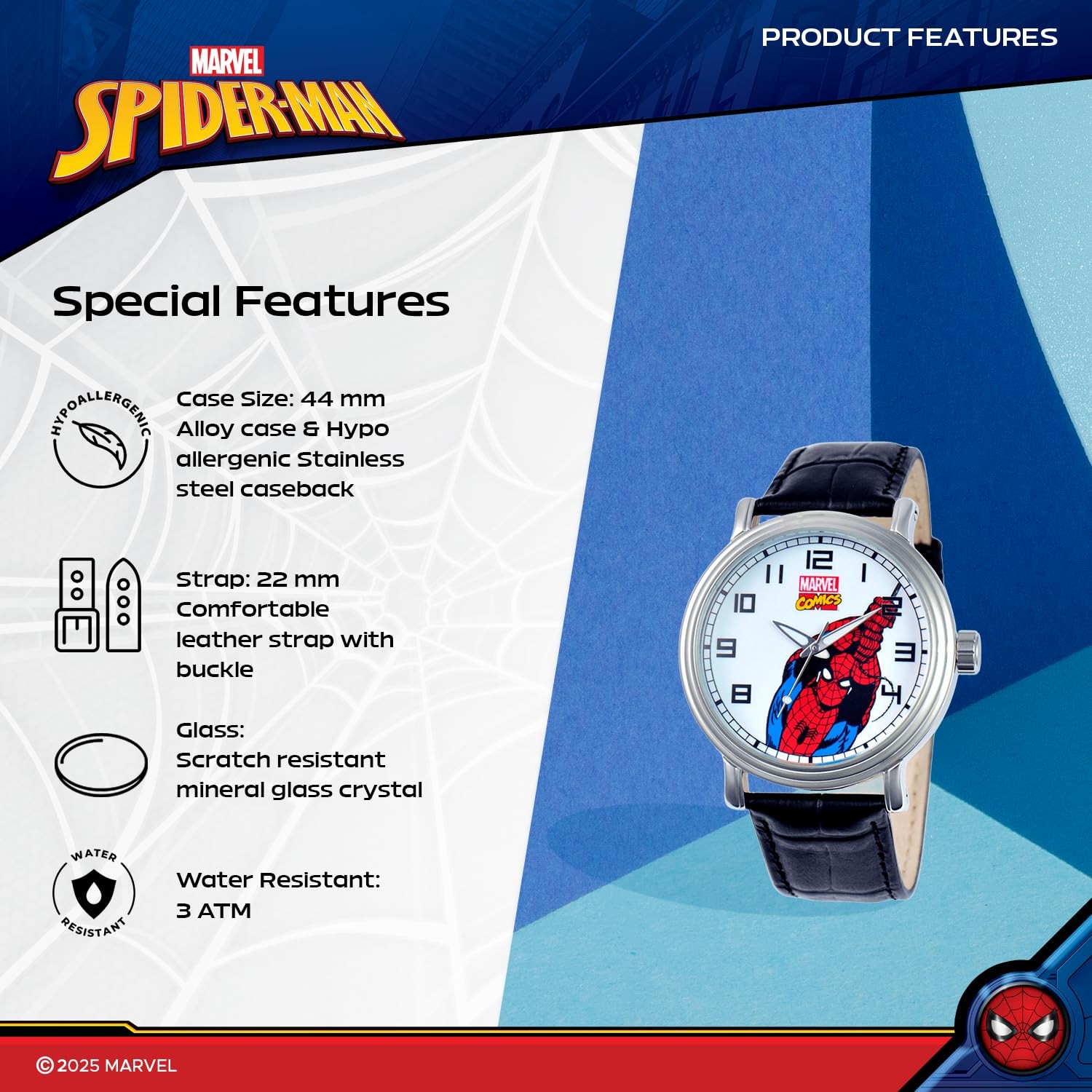 Marvel Spider-Man Adult Vintage Analog Quartz Watch, Black