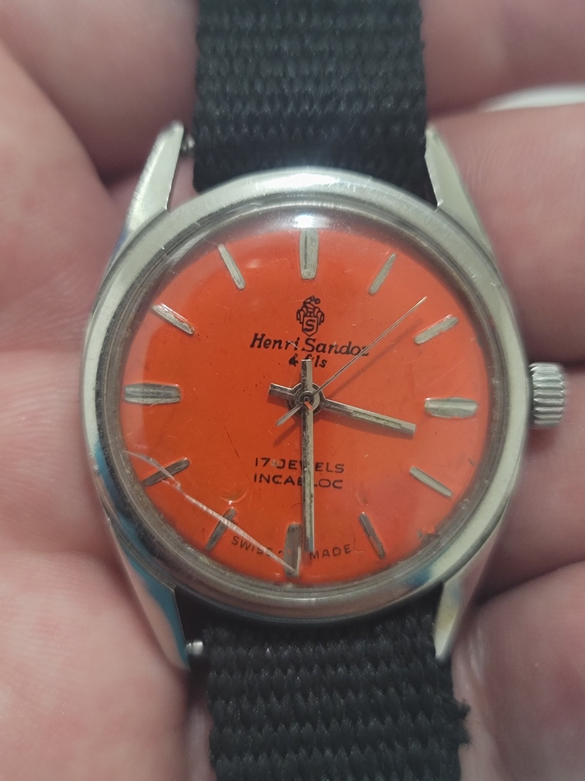 VTG 60s Henri Sandoz & Fils Manual 17j Mens Swiss Watch Orange Face Dial Windup