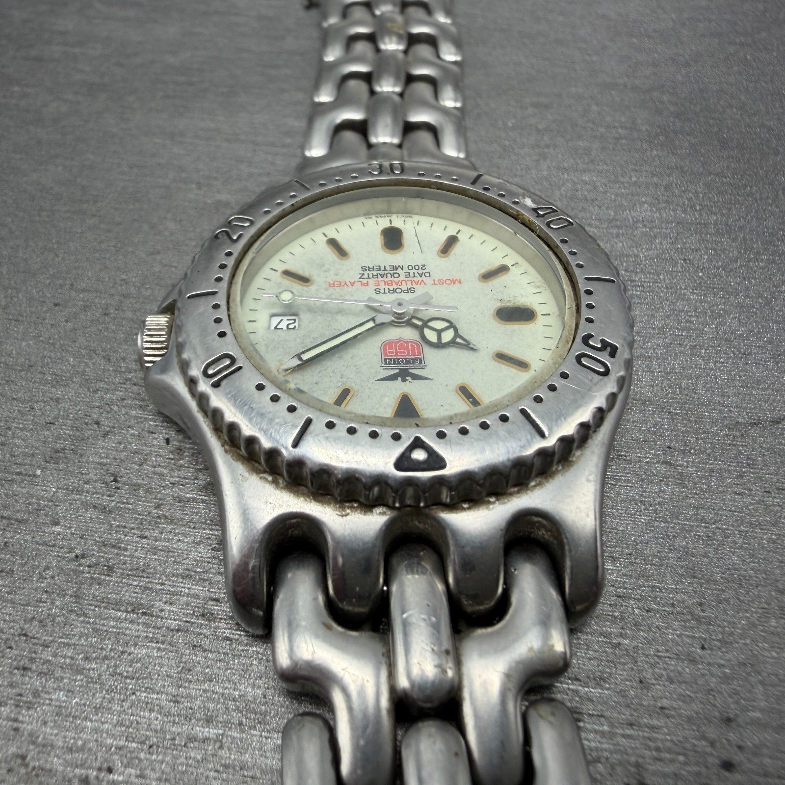 Elgin Dive Watch Men 37mm Gray Dial Silver Tone Date Round FK-592 New Battery