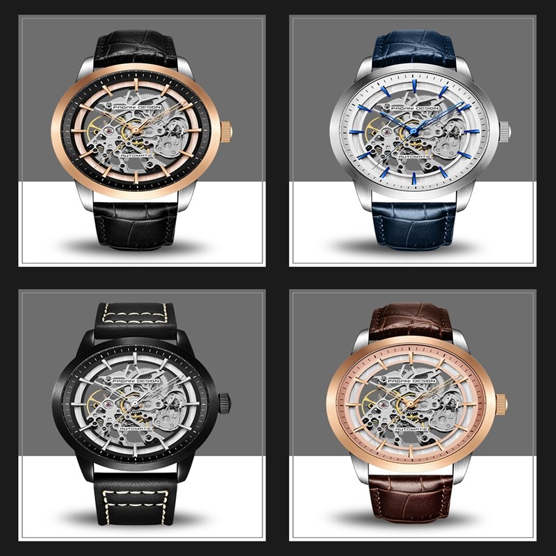 43mm PAGANI DESIGN Automatic Men’s Watch Leather Strap Skeleton Dial Wristwatch