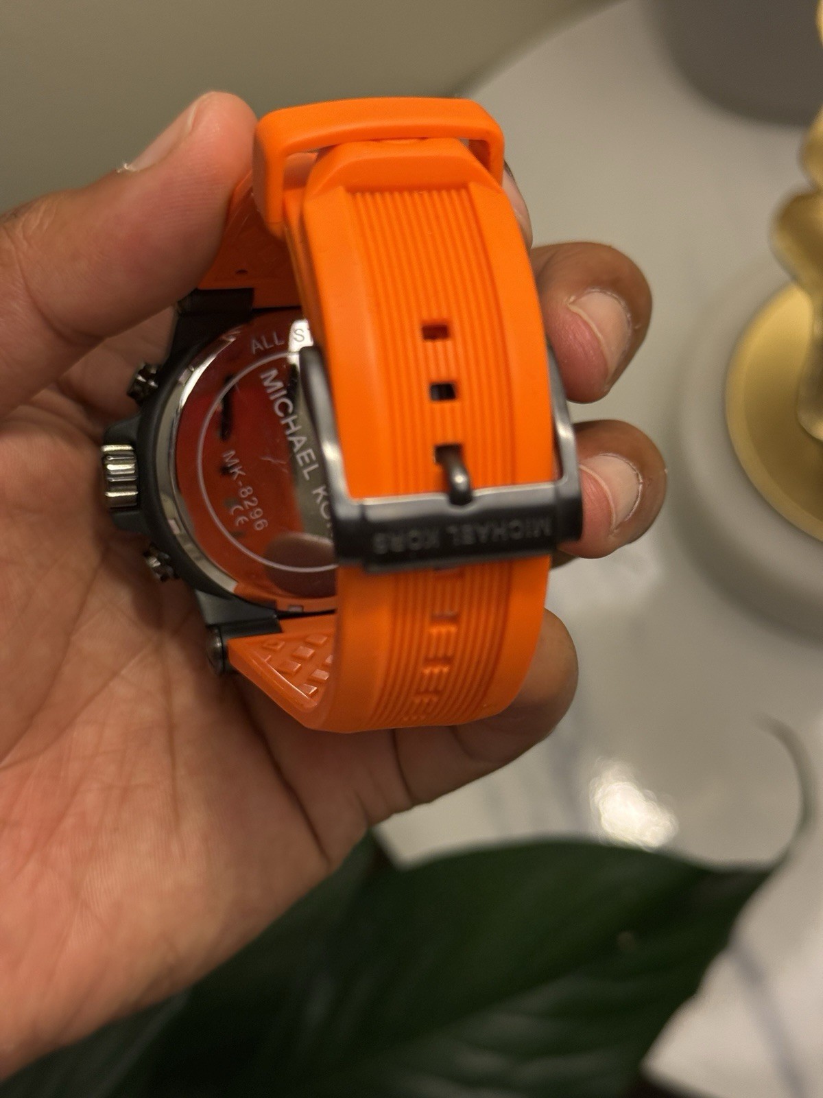 Michael Kors Gray Dial Chronograph Watch with Orange Strap Mens
